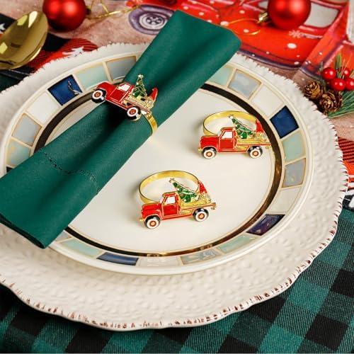 Christmas Car and Tree Napkin Rings Set of 6, Gnomes Xmas Truck and Tree Festive Holiday Red and Green Napkin Rings Holder for Christmas,Thanksgiving,Dinner Party Table Decoration