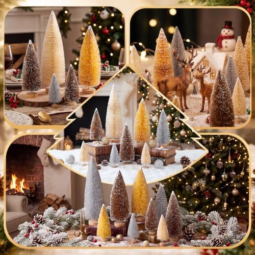 Vinsot 20 Pcs Bottle Brush Christmas Trees Miniature Tree, White,Gold