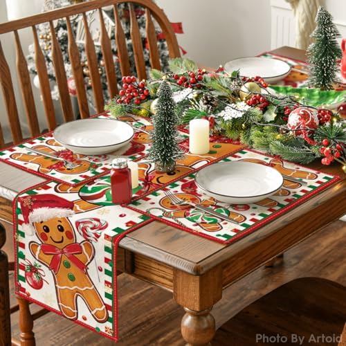 Artoid Mode Gingerbread Candy Cane Christmas Placemats Set of 8, 12x18 Inch Seasonal Table Mats for Party Kitchen Dining Decoration
