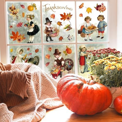 Whaline 6 Sheet Vintage Thanksgiving Window Clings Retro Fall Farmhouse Reusable Window Decals for Autumn Thanksgiving Home School Office Party Supplies Gifts