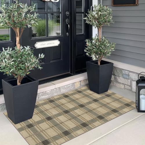 Front Door Mat Indoor Entrance - 2x4.3 Taupe Beige Tartan Plaid Rug