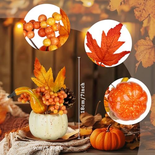 Artmag Set of 6 Artificial Pumpkins Decorations, Decorative Orange Pumpkin with Maple Berry Acorn Pine Cone Vegetables for Fall Thanksgiving Harvest Party Decoration
