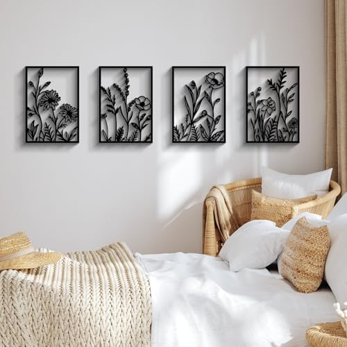 Glamativity Large 4 Pcs Colorful And Black Double-Sided Gold Leaf Metal Wall Art, 22.5 x 15.7'' Botanical Abstract Wall