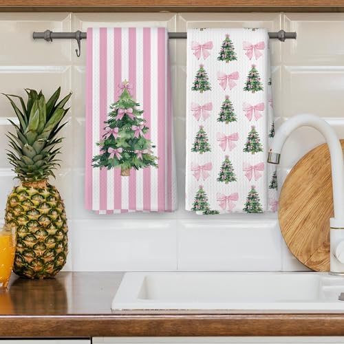 XPH Coquette Pink Bow Christmas Tree Kitchen Dish Towels Set of 2, Christmas Kitchen Gifts, Preppy Pink Bow Xmas Tree Hand Towels Tea Towel Decorations, Girly Bathroom Decor, 16x24inch