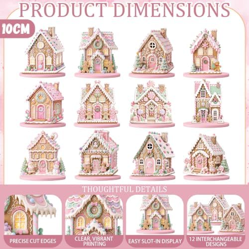 12 Pcs Christmas Gingerbread Decor Pink Gingerbread House Table Centerpiece