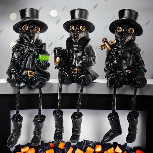 Dazzle Bright 3 Pcs Halloween Plague Doctor with Dangling Legs Figurines Decoration, Resin Gothic Scary Crow Table Fireplace Shelf Sitting Figurines Party Ornament Gifts for Indoor Home Decor