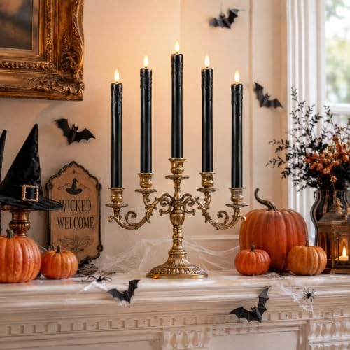 Lezonic Black Flameless Taper Candles Battery Operated with Remote, Long LED Candlesticks Flickering Real Wax Set of 6, 9.5 inch Battery Candles with Realistic 3D Flame for Halloween Decorations
