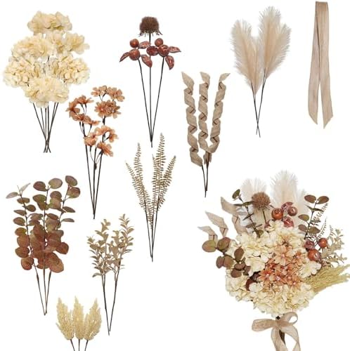 28Pcs Boho Artificial Dried Hydrangea Flower Bouquet with Berries, Burlap Pampas, Burgundy & Green Ombre Leaves, Fake Fall Winter Thanksgiving Harvest Floral Arrangement Vase Centerpieces, 17"
