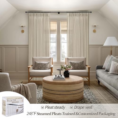 Custom Warm Beige High Ceiling 104 Inch Curtains for Classroom 2 Panels Set, Memory Shape Pinch Pleat Semi Sheer