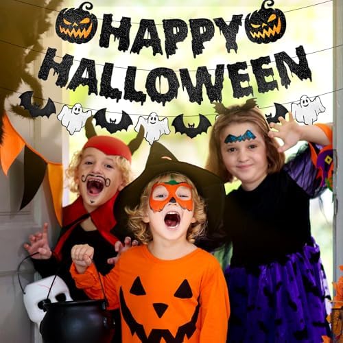 Black Glitter Happy Halloween Banner - Halloween Hanging Paper Garland Bunting Banner with Pumpkin, Ghost, and Bat Decorations, Photo Backdrop for Wall Home Mantle Office Wall Scary Party Supplies