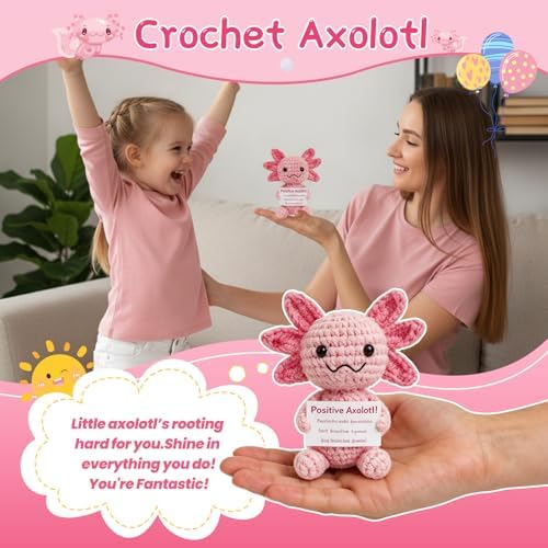 Pink Positive Crochet Axolotl Gift - Handmade Knitted Axolotl Plush with Gift Box Card for Girl, Women, Friends, Coworker, Emotional Support Crochet Animals Gifts for Birthday Graduation Desk Decor