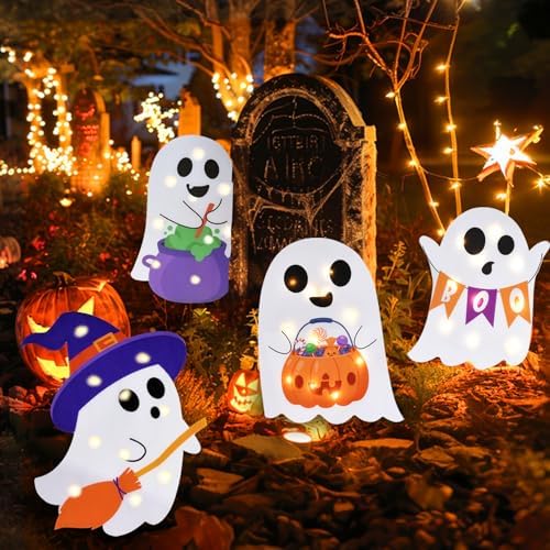 Lighted Cute Ghost Yard Signs, 4 Packs Halloween Decorations Outdoor Scary Witch Pumpkin Boo Signs with Lights for Lawn Garden Yard Stakes Outside Halloween Decoration Decor Clearance