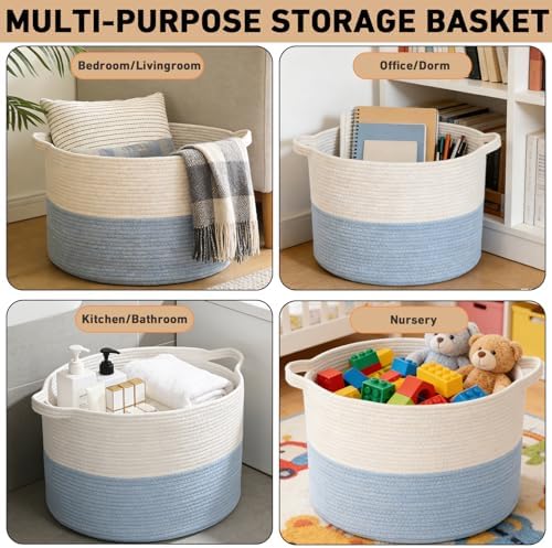 65L Extra Large Woven Blanket Basket, Laundry Basket-White&Blue