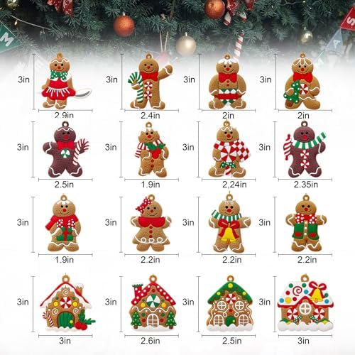 16 PCS Gingerbread Man Ornaments for Christmas Tree, Gingerbreads House Ornament, Christmas Tree Hanging Party Decor for Xmas Home Kitchen Holiday Decor