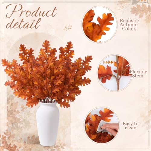 Wavwavw 6 Pcs 32'' Fall Artificial Oak Leaves Stem Fake Oak Branch Decor