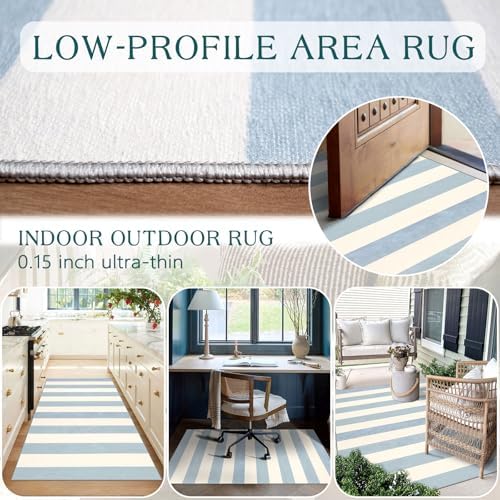 3x5 Entry Rug - Small Washable Indoor Outdoor Mats for Front Door Non-Slip Porch Rug Summer Blue White Coastal Striped