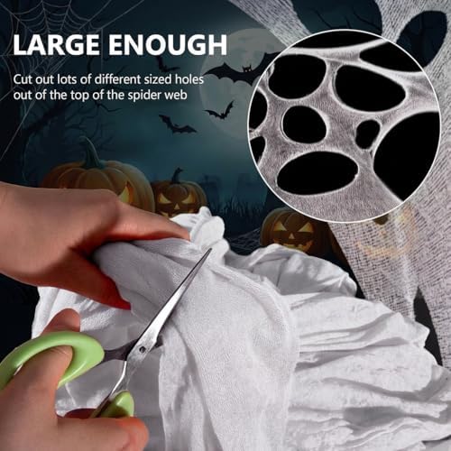 450 Sqft （After Streched with Holes）Uncut DIY Giant Spider Web Halloween Decorations Outdoor with 10 Ground Nails Stretchy Beef Cloth Netting Roll Cut-Your-Own Flexible Elastic for Yard Party Decor