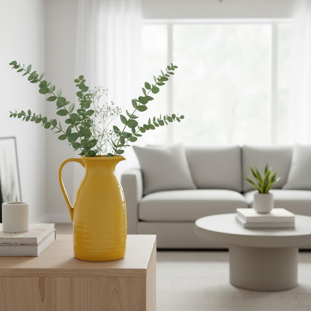 Farmhouse Pitcher Vase for Flowers- Decrative Pitchers White Ceramic Pitcher / Yellow - Pitcher Vase