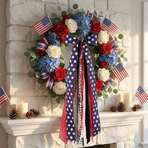 Patriotic Bow for Wreaths, 27.5" Red White Blue 8-Layer Wired Ribbon, Clip-On Stars Stripes Memorial Veterans Independence Day Front Door Decor