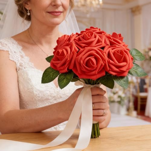 16 Pcs Artificial Flowers, Red Fake Roses with Stems