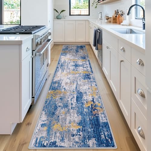 RELEANY Washable Runner 2'x10' Abstract Area Rug for Hallway Blue Gold