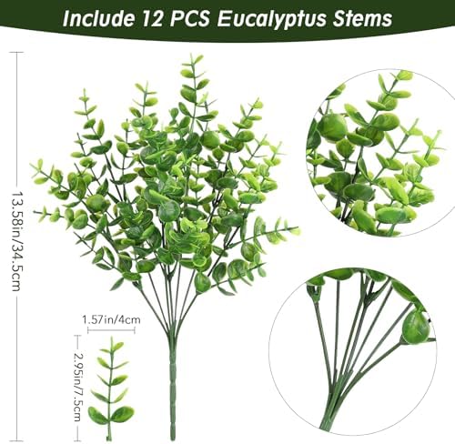Artificial Greenery Eucalyptus Boxwood, Faux Outdoor Plants, 12PCS