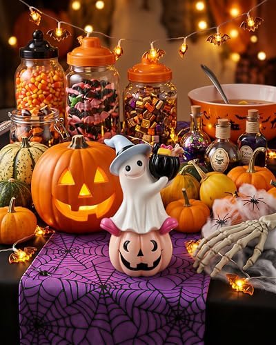 Halloween Ghost Pumpkin Figurine, Cute Resin Ghost on Jack O Lantern with Witch Hat and Candy Bucket, Spooky Shelf Decor for Mantel Table Tiered Tray Home Office Decoration Gift (Ghost on Pumpkin)