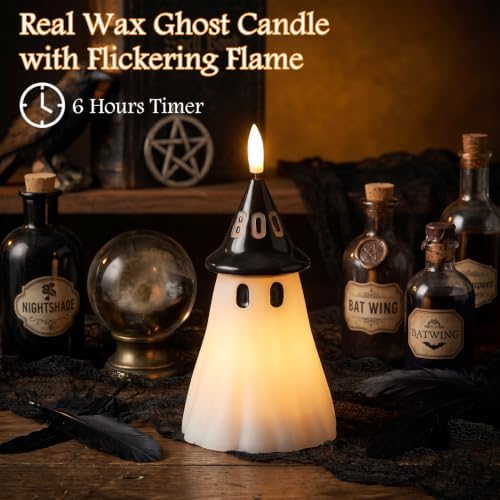 Halloween Decor Flameless Ghost Candles with Witch Hat, 3PCS