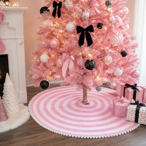 48 Inch Pink and White Christmas Tree Skirt with Pom Poms