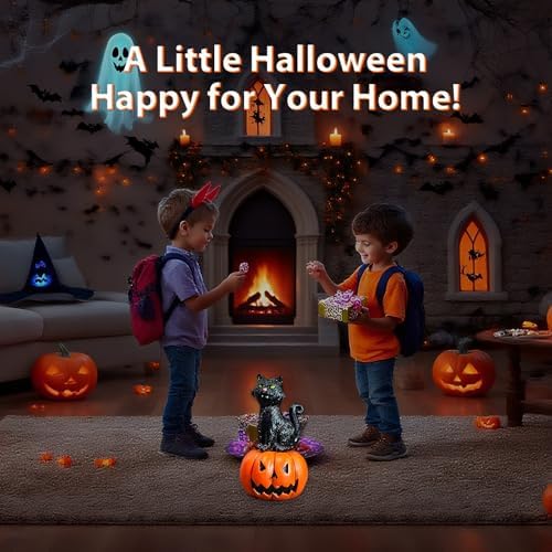 Decor Mini Resin Pumpkin Cat Figurine - Cute Desktop Decor for Home, Office, Mantle, Shelf Sitter Decorations Gift