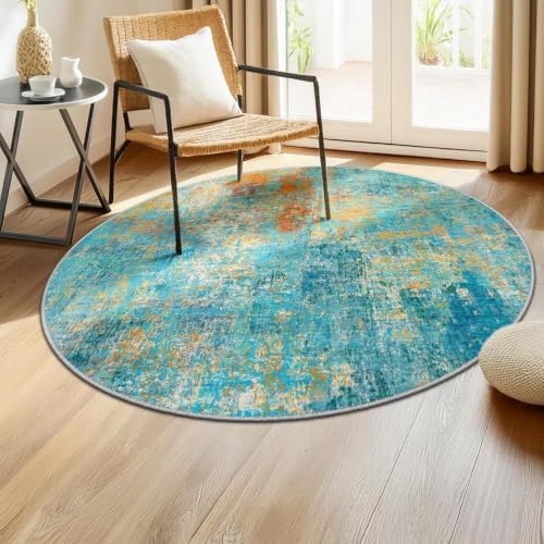 RELEANY Washable Round 4ft Area Rug for Living Room Teal Multi