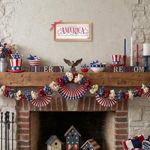 4th of July Patriotic Wall Decor, Wooden God Bless America Land of the Free Home of the Brave Sign, 250th Anniversary Independence Day Memorial Day Indoor Table Shelf Office Home Decorations