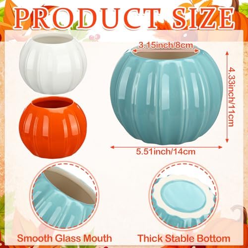 3 Pcs Ceramic Pumpkin Vase 5.5" White Orange Blue Pumpkin Decor Fall Vase