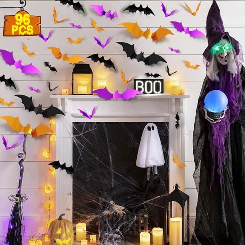 96Pcs Bats Halloween Decoration Sticker, Black Orange Purple Bat Wall Decor