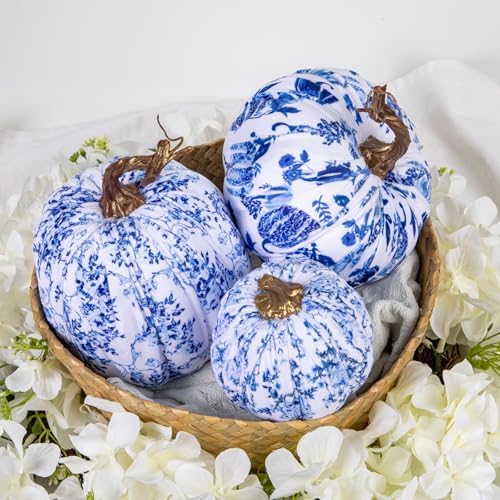 GnFlus Fake Pumpkin Decor 3 Pcs Faux Pumpkins Small Blue and White Velvet Pumpkins Mini Artificial Pumpkin Fall Decorations for Home Table Farmhouse Mantel Halloween Thanksgiving