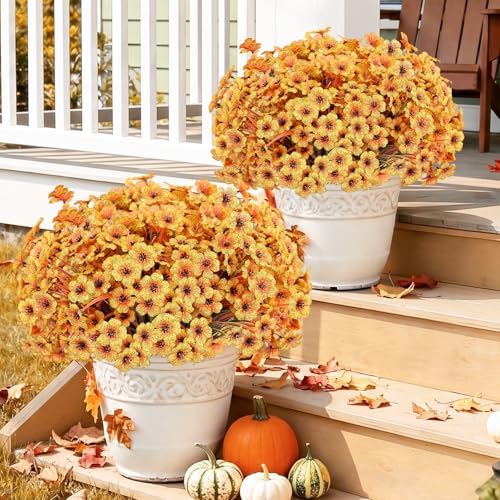 22 Pack Artificial Fall Flowers Mums for Outdoor Indoor(Fall Yellow)