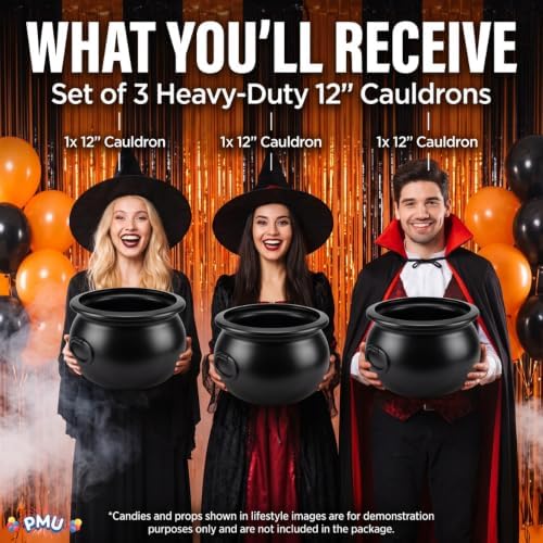 PMU Halloween Cauldron 3pc- 12" Witch Plastic Cauldron bowl Black