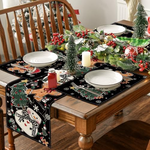 Artoid Mode Snowman Tree Gingerbread Black Christmas Placemats Set of 4, 12x18 Inch Seasonal Winter Holiday Table Mats for Party Kitchen Dining Decoration