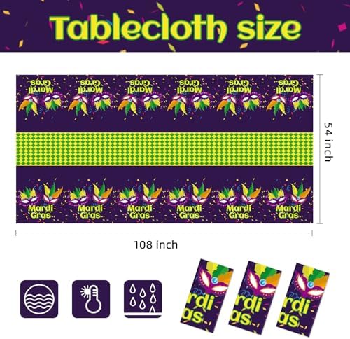 Childom Mardi Gras Decorations,3 Pack Disposable Plastic Tablecloths for Rectangle Table 54" x 108" Mardi Gras Tablecloths for Party Decor,Table Cloths for Birthday,Home,Dinner,Carnival,Party Supplies