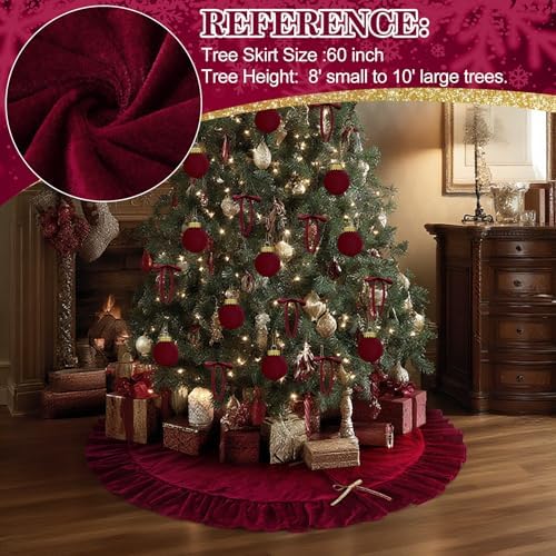 Velvet Christmas Tree Skirt, 60 Inches, Bow Style, Red