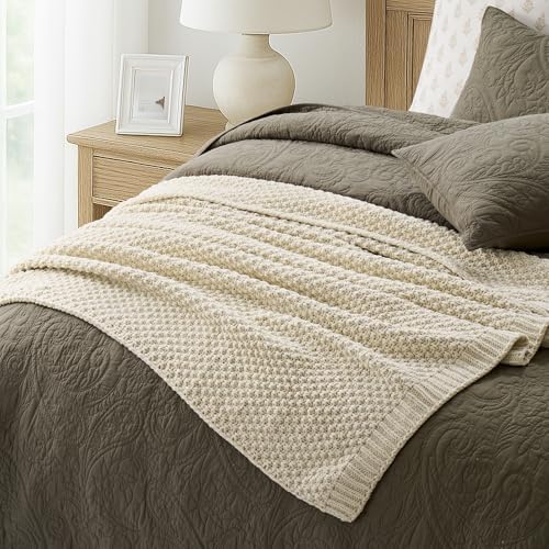 EVERGRACEHOME Chunky Chenille Knit Throw Blanket, 60 x 80, Beige