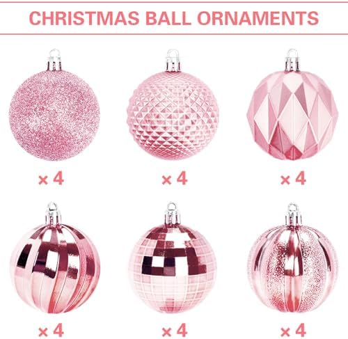 JULMELON 24PCS Pink Christmas Ball Ornaments, 60mm Shatterproof Tree Decor
