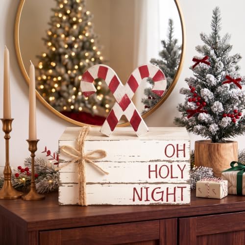 Geelin 4 Pcs Christmas Tiered Tray Decor Wooden Book Stack Signs, Candy Cane Christmas Table Decor, Red White Farmhouse Rustic Centerpieces for Shelf Coffee Bar Office Desk