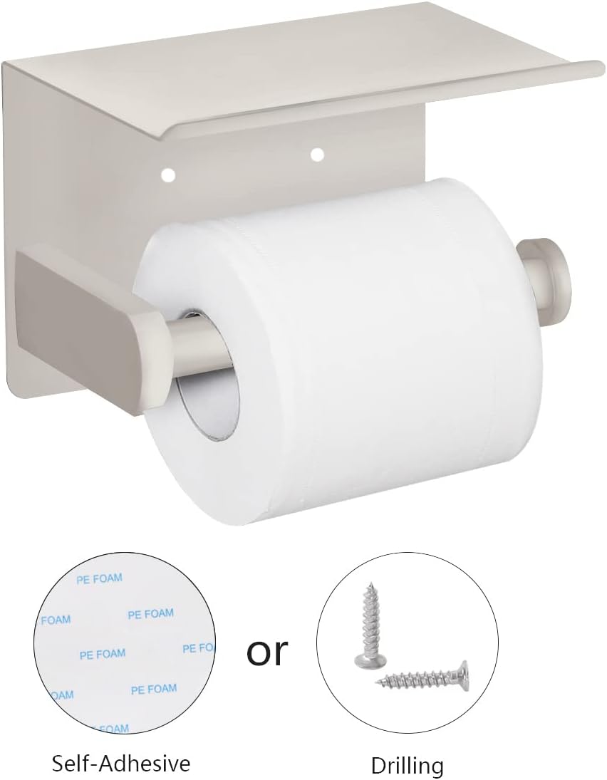 VAEHOLD Self Adhesive Toilet Paper Holder with Phone Shelf SUS 304 Stainless Steel Wall Mounted Toilet Paper Roll