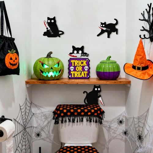 Kercan Halloween Black Cat Decor, 4 Pack Wooden Spooky Cat Wall Decorations, Funny Creepy Halloween Wall Door Window Decor for Home, Party and Haunted House