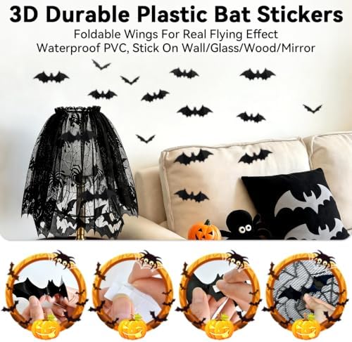 5-in-1 Halloween Decorations Kit, Black Lace Spiderweb Tablecloth, Bats Set