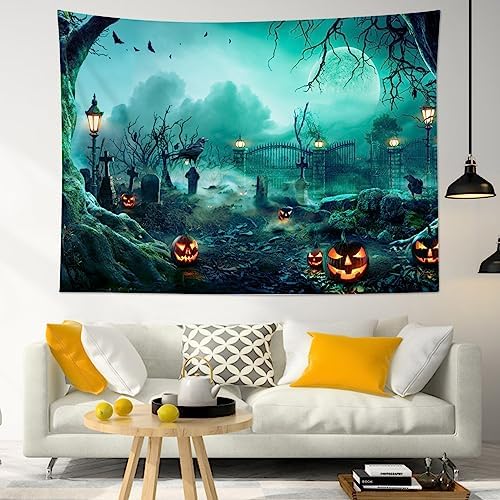 HVEST Halloween Tapestry Wall Hanging Black Crow Bat and Pumpkin in Scary Graveyard Forest Wall Art for Bedroom, Spooky Full Moon Night Tapestry for Living Room Holiday Wall Decor, 80W X 60H inches