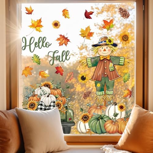 Whaline 6 Sheets Hello Fall Window Clings Green-Orange Scarecrow Maple Leaves Pumpkin Truck Reusable Window Decals for Autumn Harvest Thanksgiving Home Office School Decor