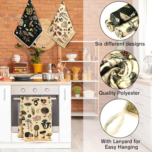 Redbaker 6 Pcs Mushroom Kitchen Towels Vintage Farmhouse Dishcloth Set