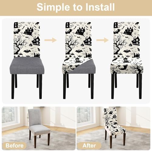 Halloween Chair Covers for Dining Room – Spooky Black and White Slipcovers with Haunted House, Bats, Pumpkins & Witches – Stretch Washable Chair Protectors for Party Decor, Trick or Treat